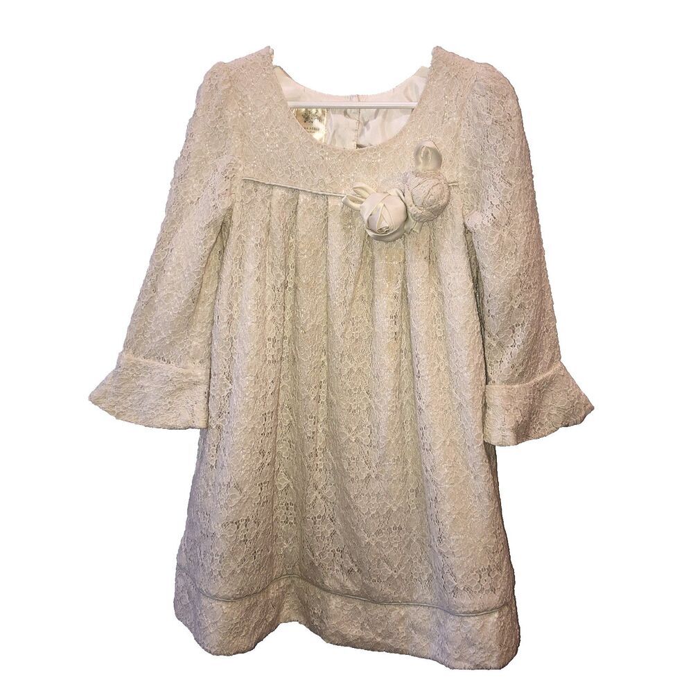 Laura Ashley Cream Ivory Crochet Lace Rosette Dress Girl Size 6X Bell Cuff